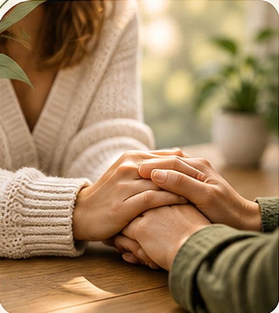 A caring person gently holding another person’s hands in a supportive conversation