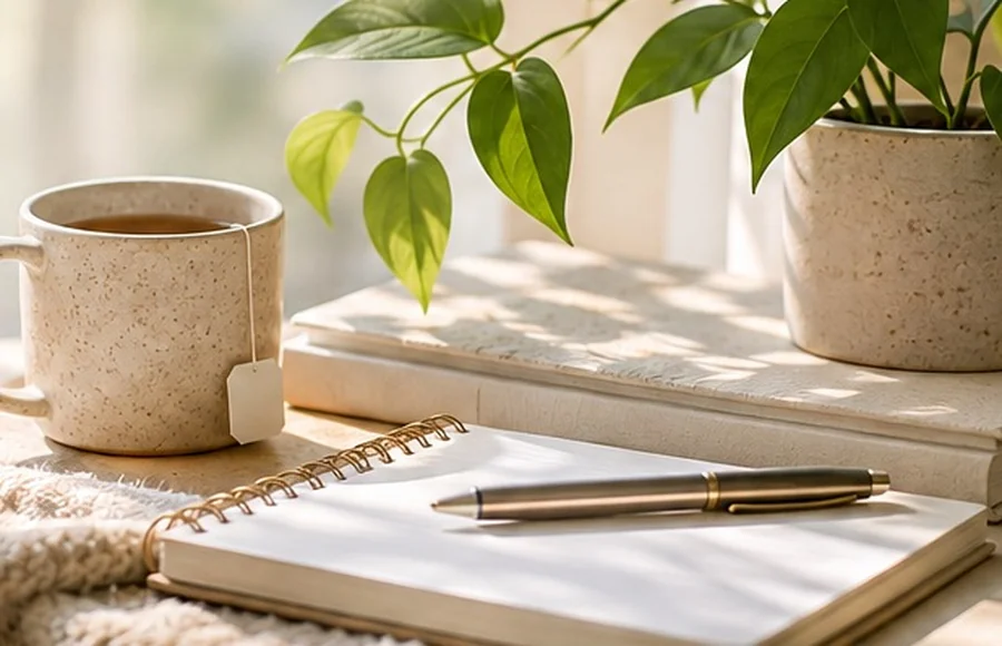 Open notebook with pen, warm tea, and soft green leaves in natural sunlight
